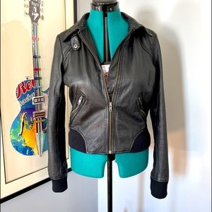 H&M Genuine Leather Bomber Jacket with Ribbed Cuffs and Hem Black Sz Small